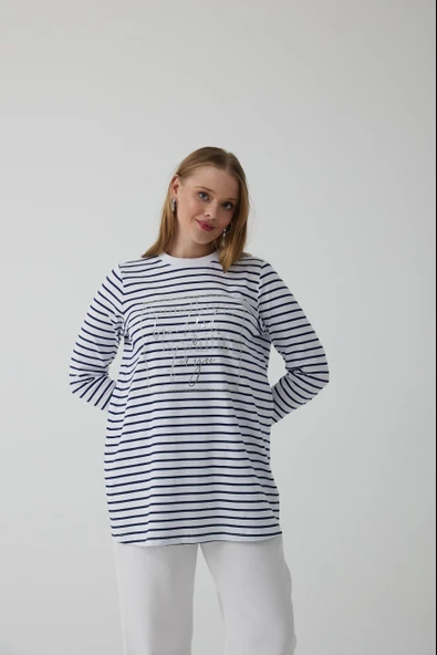 ÇİZGİLİ TAŞ BASKILI PAMUKLU TUNİK - 2