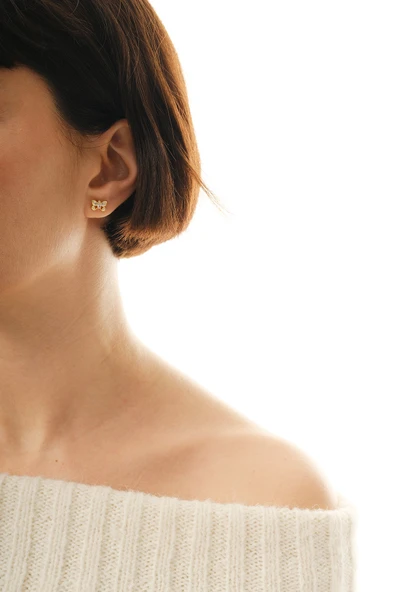 Gümüş altın yaldızlı zirkon taşlı kelebek küpe  SGTL12847GOLD - Resim 3