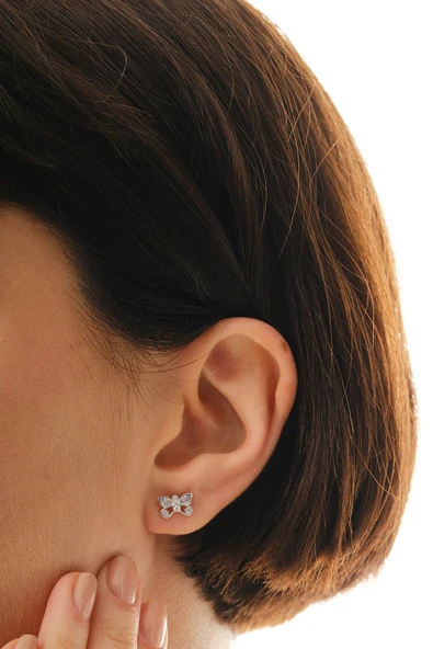 Gümüş rodyumlu zirkon taşlı kelebek küpe  SGTL12847RODAJ - Resim 2