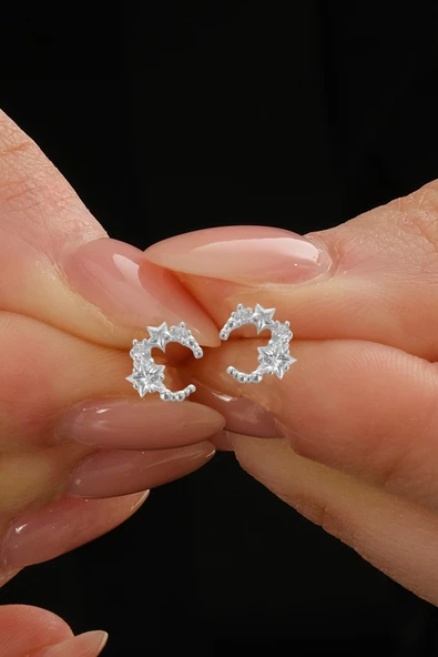 Gümüş rodyumlu yıldız kesim zirkon taşlı ay yıldız küpe SGTL12843RODAJ ürün görseli