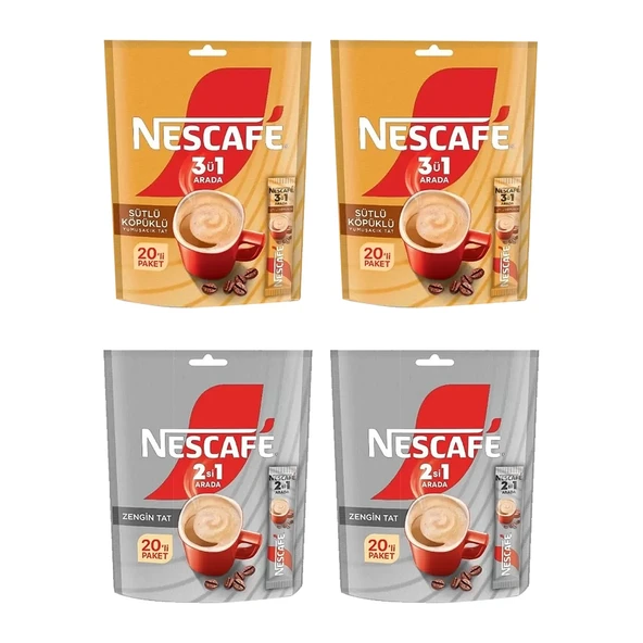 Nescafe 2 si 1 Arada 10 gr ve 3 ü 1 Arada 17,4 gr 20 li x 4 lü Karma Paket