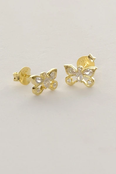 Gümüş altın yaldızlı zirkon taşlı kelebek küpe  SGTL12847GOLD - Resim 4