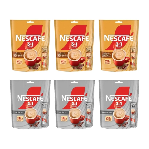 Nescafe 2 si 1 Arada 10 gr ve 3 ü 1 Arada 17,4 gr 20 li x 6 lı Karma Paket
