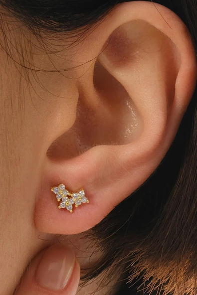 Gümüş altın yaldızlı zirkon taşlı şanslı üçlü yonca küpe SGTL12844GOLD ürün görseli