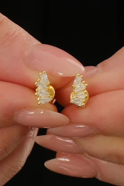 Gümüş altın yaldızlı dörtlü baget kesim zirkon taşlı küpe SGTL12848GOLD