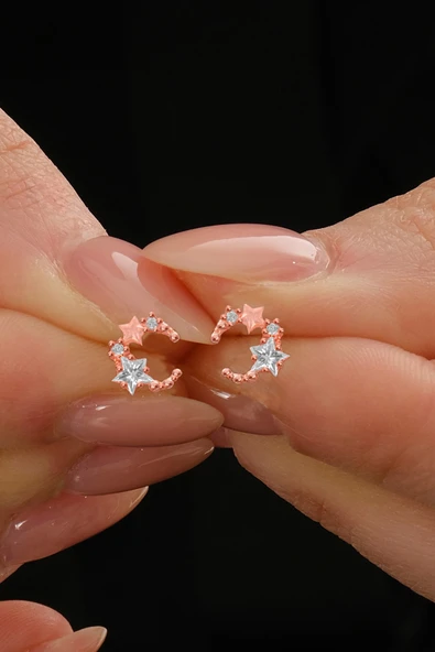 Gümüş rose yıldız kesim zirkon taşlı ay yıldız küpe SGTL12843ROSE ürün görseli