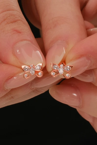 Gümüş rose zirkon taşlı kelebek küpe  SGTL12847ROSE ürün görseli