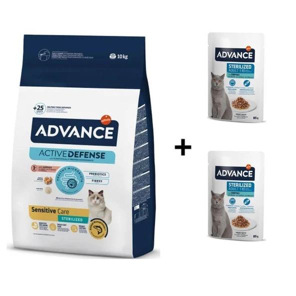 Advance Somonlu Kısırlaştırılmış Kedi Maması 10 Kg + 2 Adet Advance Morina Balıklı Kısır Kedi Pouch Yaş Maması 85 Gr