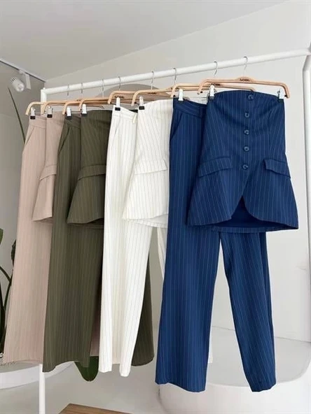 Straplez Büstiyerli Plazzo Pantolonlu Çizgili Takım 10151 - 8