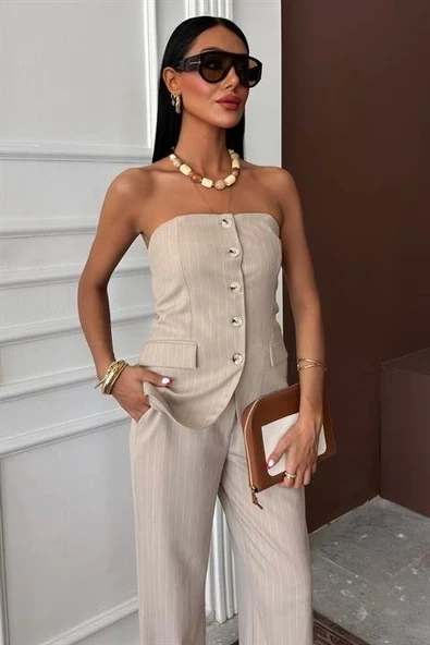 Straplez Büstiyerli Plazzo Pantolonlu Çizgili Takım 10151 - 2
