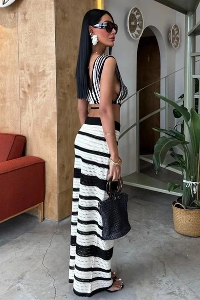 Çizgili Bikini Üst Ve Etek Triko Takım 10110 - 2