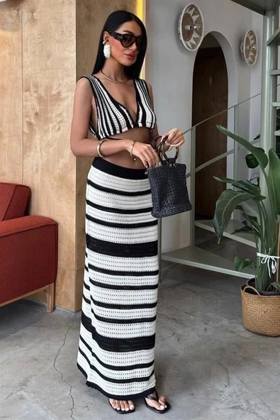 Çizgili Bikini Üst Ve Etek Triko Takım 10110 - 7