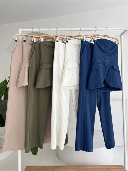 Straplez Büstiyerli Plazzo Pantolonlu Çizgili Takım 10151 - 10