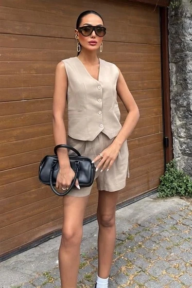 Yelek Şort Flamlı Keten Takım 10133-17 - 2