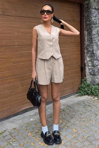 Yelek Şort Flamlı Keten Takım 10133-17 - 3