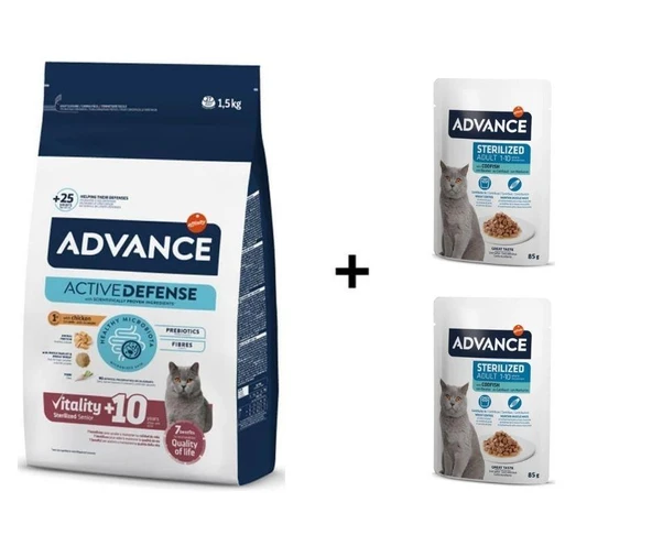 Advance Kısırlaştırılmış +10 Yaşlı  Kedi Maması 1,5 Kg + 2 Adet Advance Morina Balıklı Kısır Kedi Pouch Yaş Maması 85 Gr