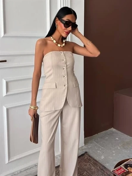 Straplez Büstiyerli Plazzo Pantolonlu Çizgili Takım 10151 - 4