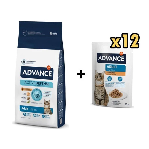 Advance Tavuklu Yetişkin Kedi Maması 15 Kg + 12 Adet Advance Tavuklu Yetişkin Kedi Pouch Yaş Maması 85 Gr