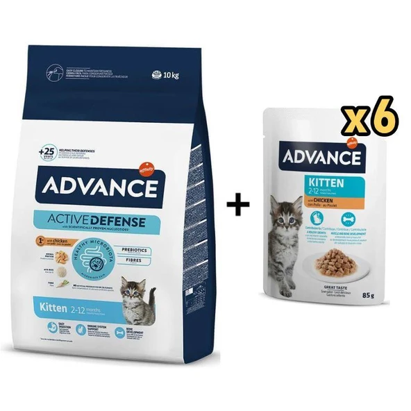 Advance Tavuklu ve Pirinçli Yavru Kedi Maması 10 Kg + 6 Adet Advance Tavuklu Yavru Kedi Pouch Yaş Maması 85 Gr ürün görseli