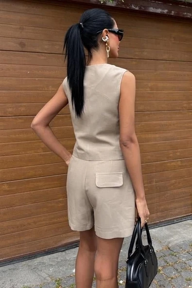 Yelek Şort Flamlı Keten Takım 10133-17 - 8