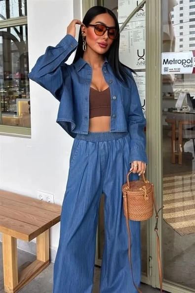 Denim Gömlek Plazzo Pantolon Takım 10163-08 - 7
