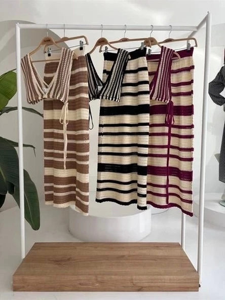 Çizgili Bikini Üst Ve Etek Triko Takım 10110 - 11