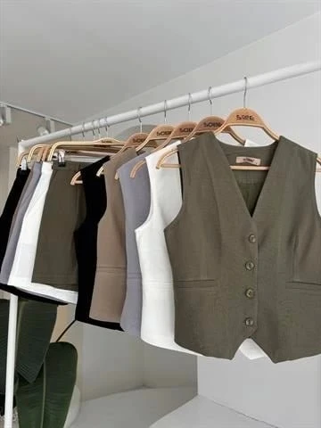 Yelek Şort Flamlı Keten Takım 10133-17 - 10