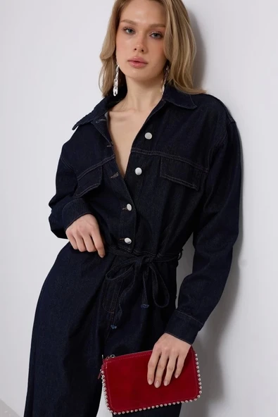 Düğme Detaylı Denim Tulum