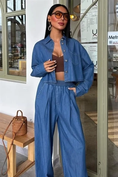 Denim Gömlek Plazzo Pantolon Takım 10163-08 - 3