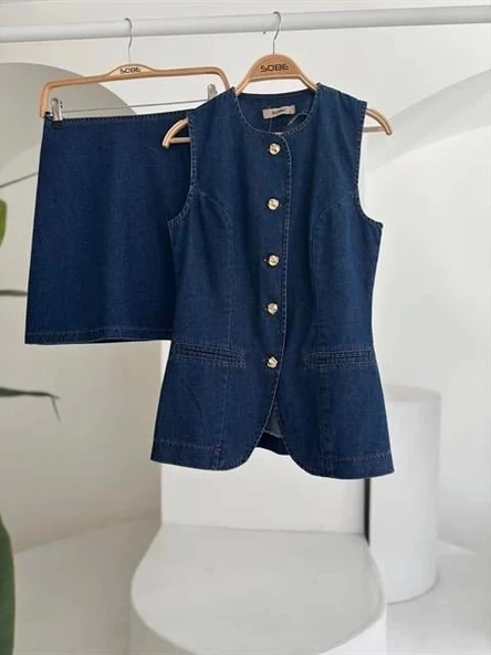 Kolsuz Yelekli Mini Etekli Denim Takım 10164 - 11