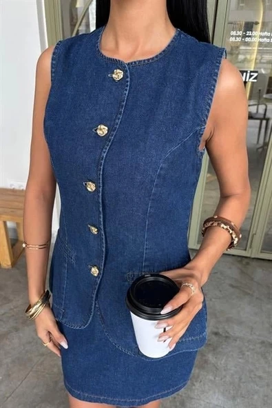 Kolsuz Yelekli Mini Etekli Denim Takım 10164 - 8