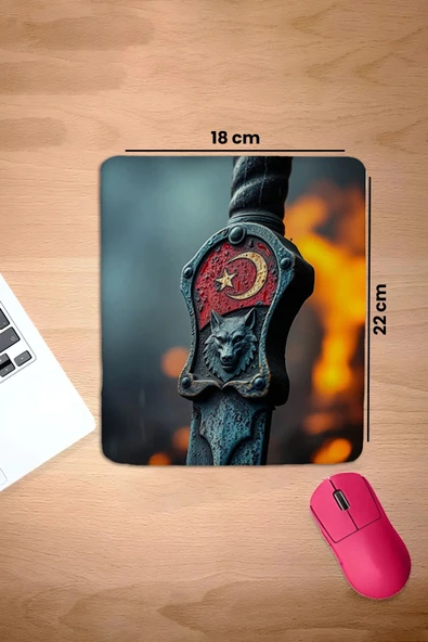 SonicTouch Bilek Destekli Kurt Başlı Türk Kılıcı Kırmızı Dikdörtgen Pürüzsüz Yüzey Dikişsiz Mouse Pad 18x22cm - 2