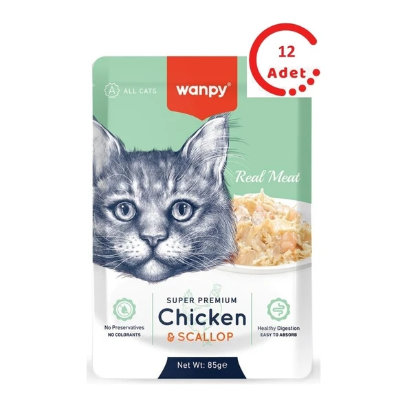 Wanpy Pouch Tavuklu & Deniz Taraklı Yaş Kedi Maması  85 gr 12 Adet