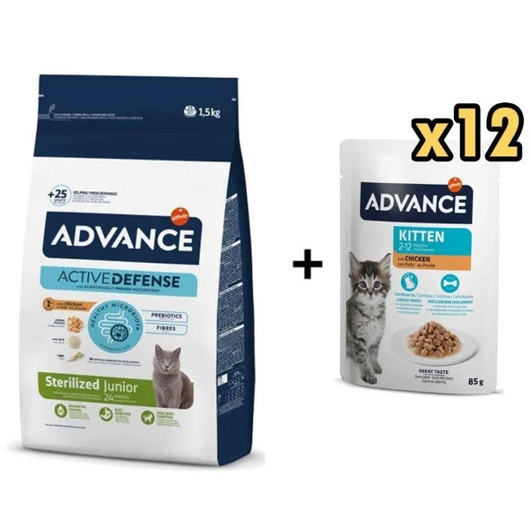 Advance Tavuklu ve Pirinçli Yavru Kedi Maması 10 Kg + 12 Adet Advance Tavuklu Yavru Kedi Pouch Yaş Maması 85 Gr