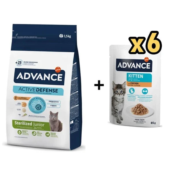 Advance Tavuklu Kısırlaştırılmış Yavru Kedi Maması 1,5 Kg + 6 Adet Advance Tavuklu Yavru Kedi Pouch Yaş Maması 85 Gr ürün görseli 1