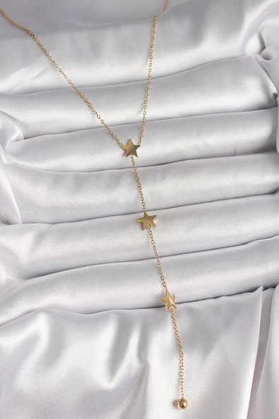 316L Çelik Gold Renk Yıldız Model Topçuk Detay Kadın Y Kolye - TJ-BKO10013