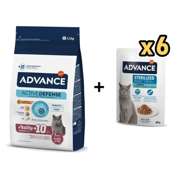 Advance Kısırlaştırılmış +10 Yaşlı  Kedi Maması 1,5 Kg + 6 Adet Advance Morina Balıklı Kısır Kedi Pouch Yaş Maması 85 Gr