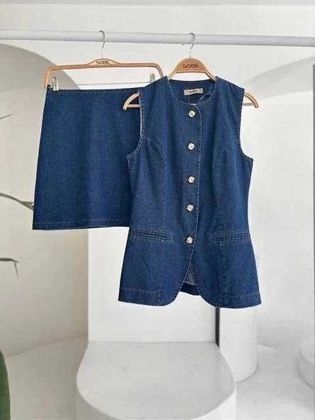 Kolsuz Yelekli Mini Etekli Denim Takım 10164 - 10