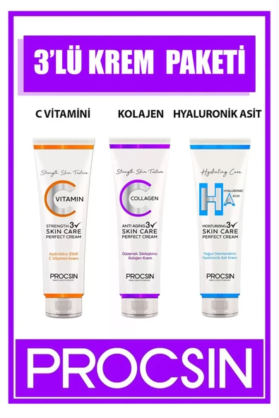 PROCSIN 3'lü Krem Paketi - C Vitamini Krem, Kolajen Krem, Hyaluronik Asit Krem