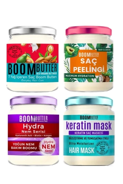 BOOM BUTTER Saç Bakım Seti ( 7 Yağlı Bakım Kremi+Keratin Maskesi+Hydra Yoğun Nem Kremi+Saç Peeling)