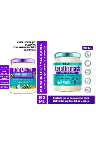 BOOM BUTTER Saç-Cilt Bakım Seti (Keratin Saç Bakım Maskesi 190ml- Onarıcı Cilt Bakım Yağı 190ml)