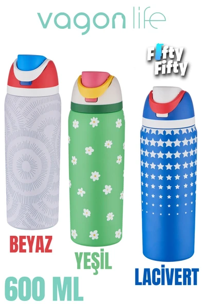 Vagonlife 600 ML Tek Kapak Çift Kullanım Pipetli/Pipetsiz Taşıma Kulplu Çelik Termos -FFVGN044ML600Desenli
