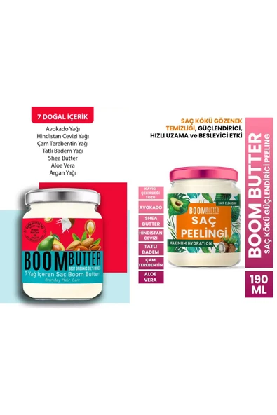 BOOM BUTTER Saç Bakım Paketi (SAÇ BAKIM YAĞI 190ML- SAÇ KÖKÜ GÜÇLENDİRİCİ PEELİNG 190ML)