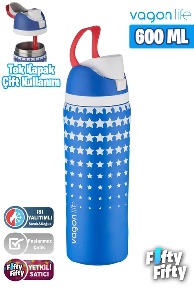 Vagonlife 600 ML Tek Kapak Çift Kullanım Pipetli/Pipetsiz Taşıma Kulplu Çelik Termos -FFVGN044ML600Desenli