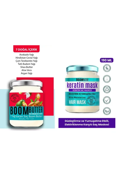 BOOM BUTTER Saç Bakım Seti (Saç Bakım Yağı 190ml- Keratin Saç Bakım Maskesi 190ml)