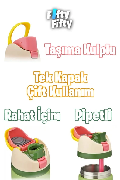 Vagonlife 600 ML Tek Kapak Çift Kullanım Pipetli/Pipetsiz Taşıma Kulplu Çelik Termos -FFVGN044ML600Desenli - 6