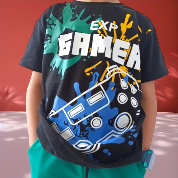 Gamer Yazı Desenli Cepli Şortlu Yeşil Renk Erkek Çocuk Takım - 2