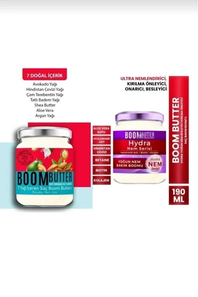 BOOM BUTTER Saç Bakım Seti, (Saç Bakım Yağı 190 ml-Hydra Yoğun Nem Saç Bakım 190ml)