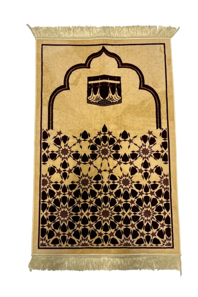 Buhara Tekstil Kabe ve Geometrik Desenli Altın Sarısı Kadife Seccade