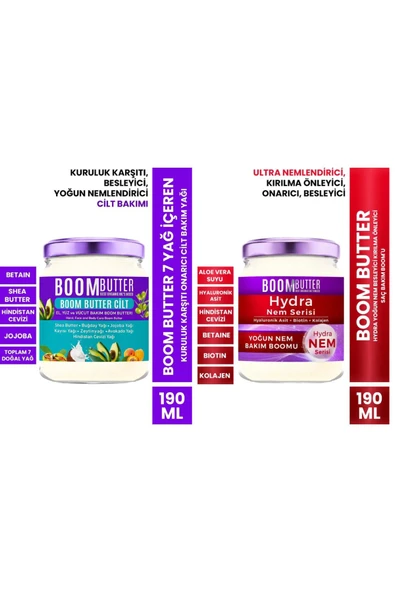 BOOM BUTTER Saç Bakım-Cilt Bakım Seti (Onarıcı Cilt Bakım Yağı 190 ml-Hydra Yoğun Nem 190ml)